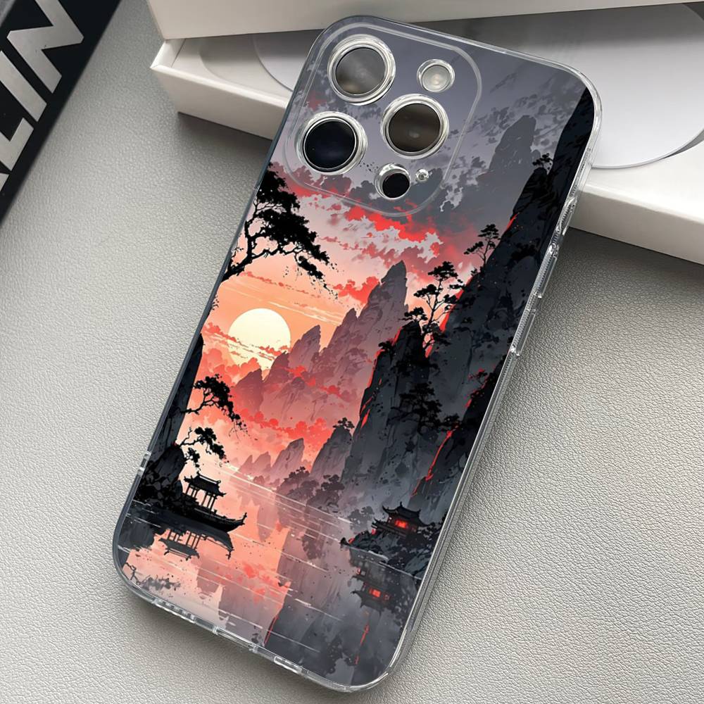 Landscape Painting Transparent Back Phone Case For iPhone 17 16 15 13 12 11 14 Pro Max Mini Plus Silicone Bumper
