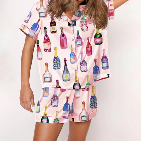 2Pcs/Set Pajamas Set Women Loungewear Sleepwear Button Closure Lapel Short Sleeve Casual Print Pajamas