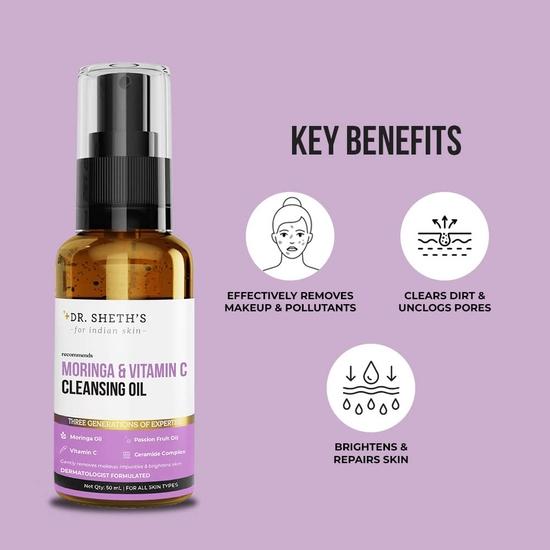 Dr. Sheth's Moringa & Vitamin C Face Cleansing Oil | For Deep Pore Cleansing | Removes Makeup & Impurities, Hydrates | Unisex | 50 mL