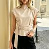 High Neck Sleeveless Metal Buckle Belt Waist Cinching Slim Fit Commuter Blouse