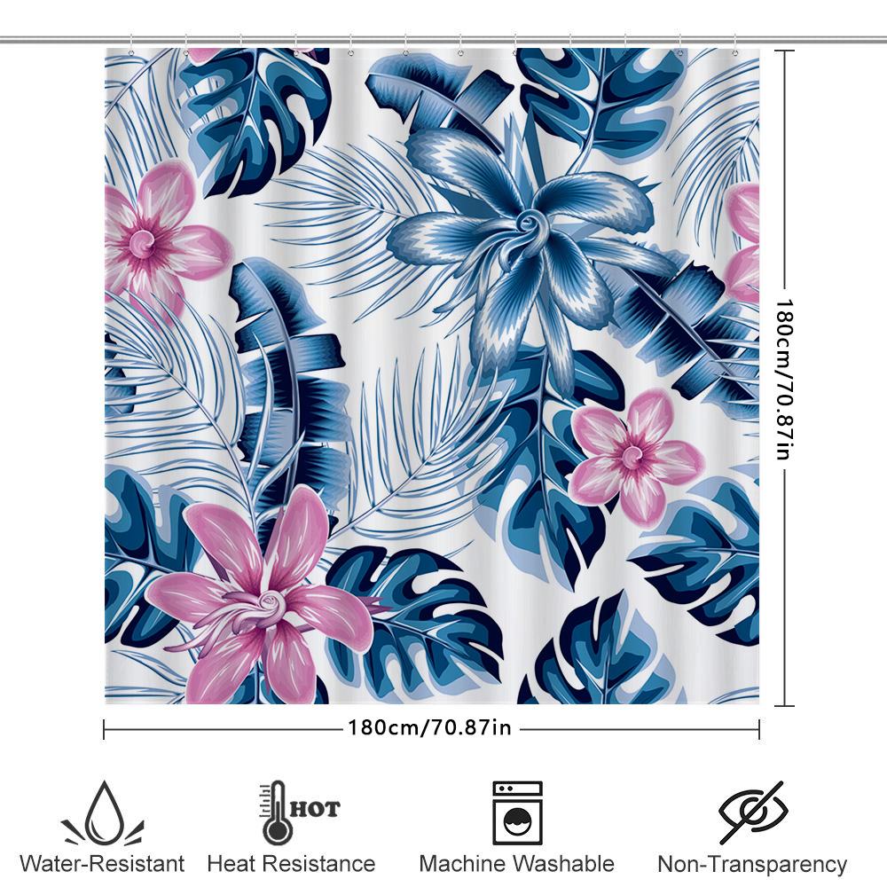 Blue Floral Shower Curtain: Tropical Leaves Flowers Design For Bathroom Decor Water-Resistant Fabric With Hook Rings (180X240Cm)