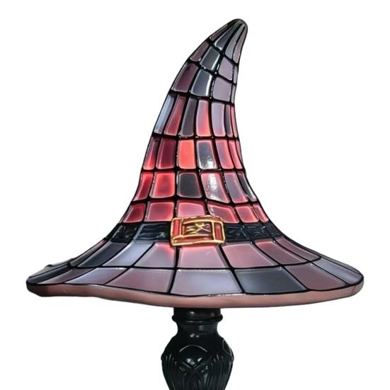 Decorative Desk Lamp Handcrafted Stained Glass Witch Hat Lamp, USB Powered Gothic Wizard Night Light, Retro Resin Accent with Purple Amber Mosaic,