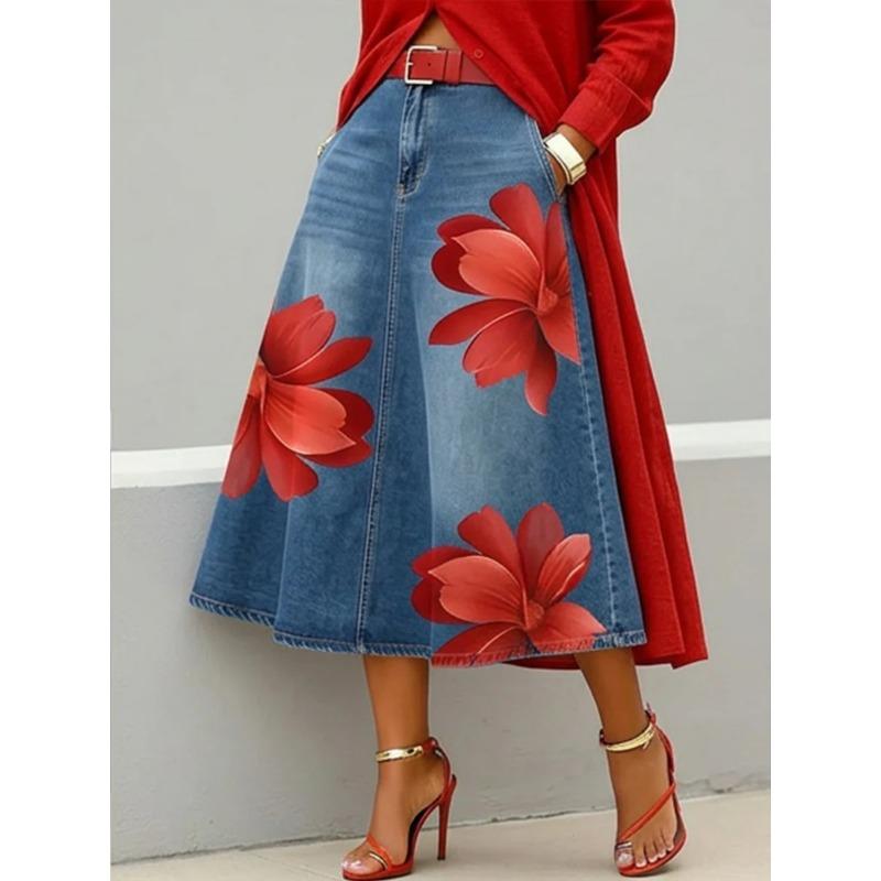 Dames Casual Mode Imitatie Denim Bloemenprint Midi Halve Rok