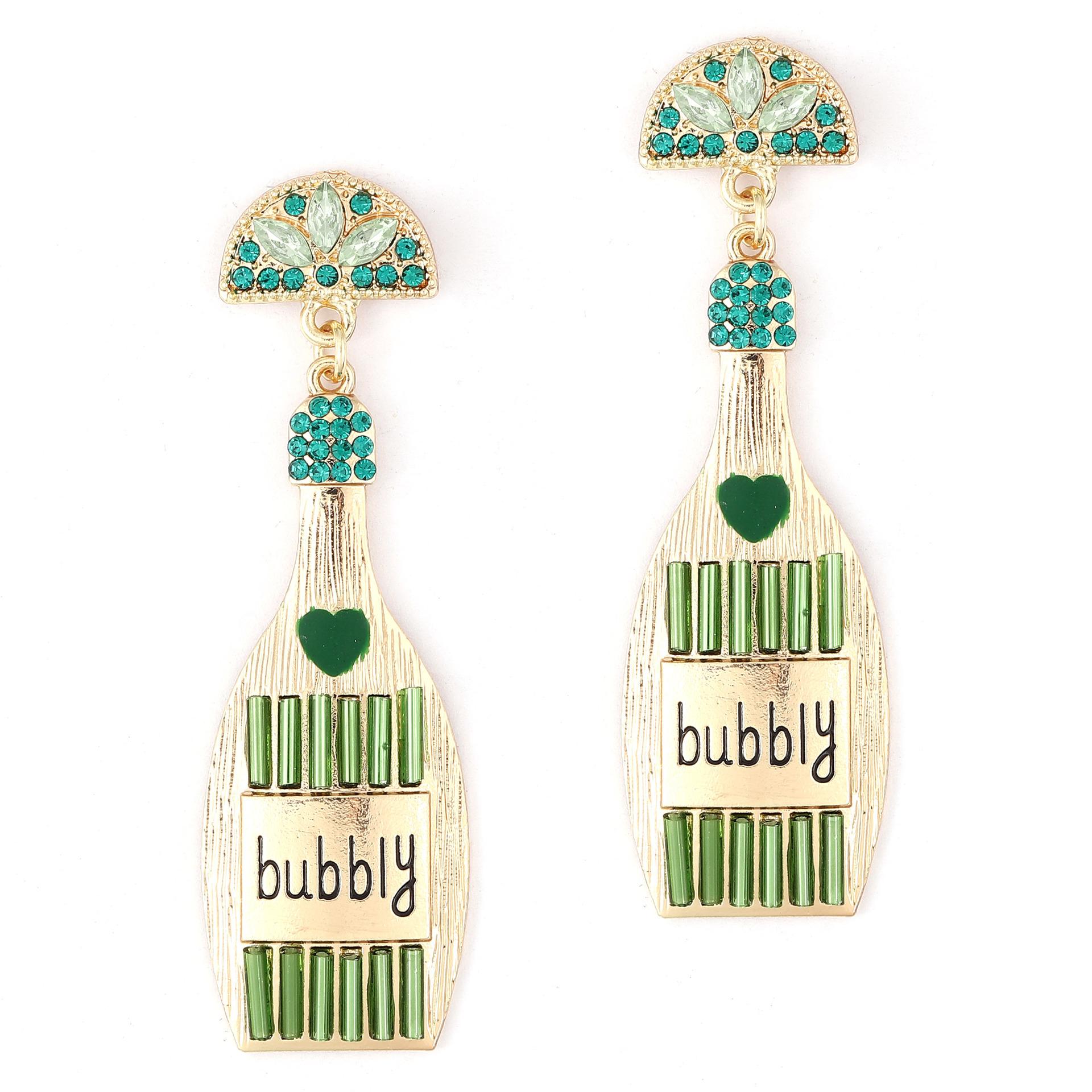 Personalized alloy inlaid with colored diamonds, champagne bottle, creative dripping oil, love letter earrings, women