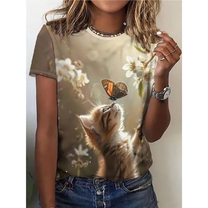 Summer Round Neck 3D Cute Cat Pattern Print Top Fashionable Casual Short Sleeved Women's T-shirts