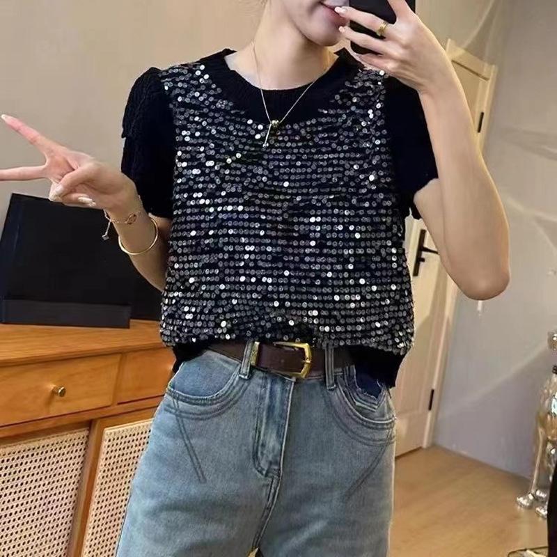 Dámské tričko s krátkým rukávem Flitry Pletené Módní Volný Top