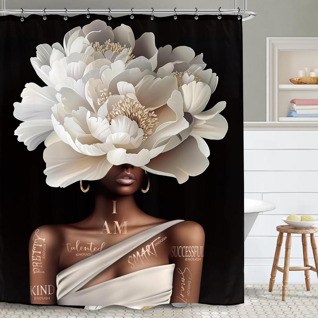 African American Flower Shower Curtain, Black Girl Marble Design, Inspirational Motivational Print, Waterproof Polyester