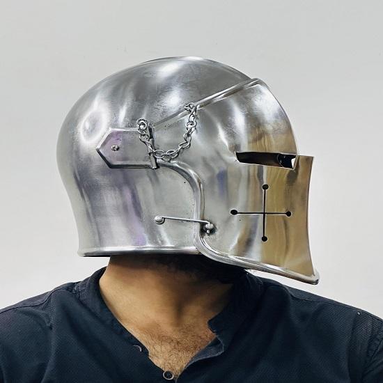 Barbute Visor Helmet ~ Medieval Steel Helmet With Inner Linner And Wooden Stand