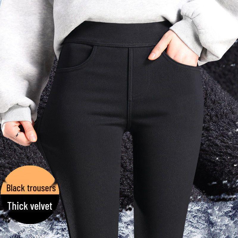 Women's Black Fleece-Lined Leggings - Thick, High Waist, Elastic Waistband, Slim Fit, Perfect for Autumn and Winter.