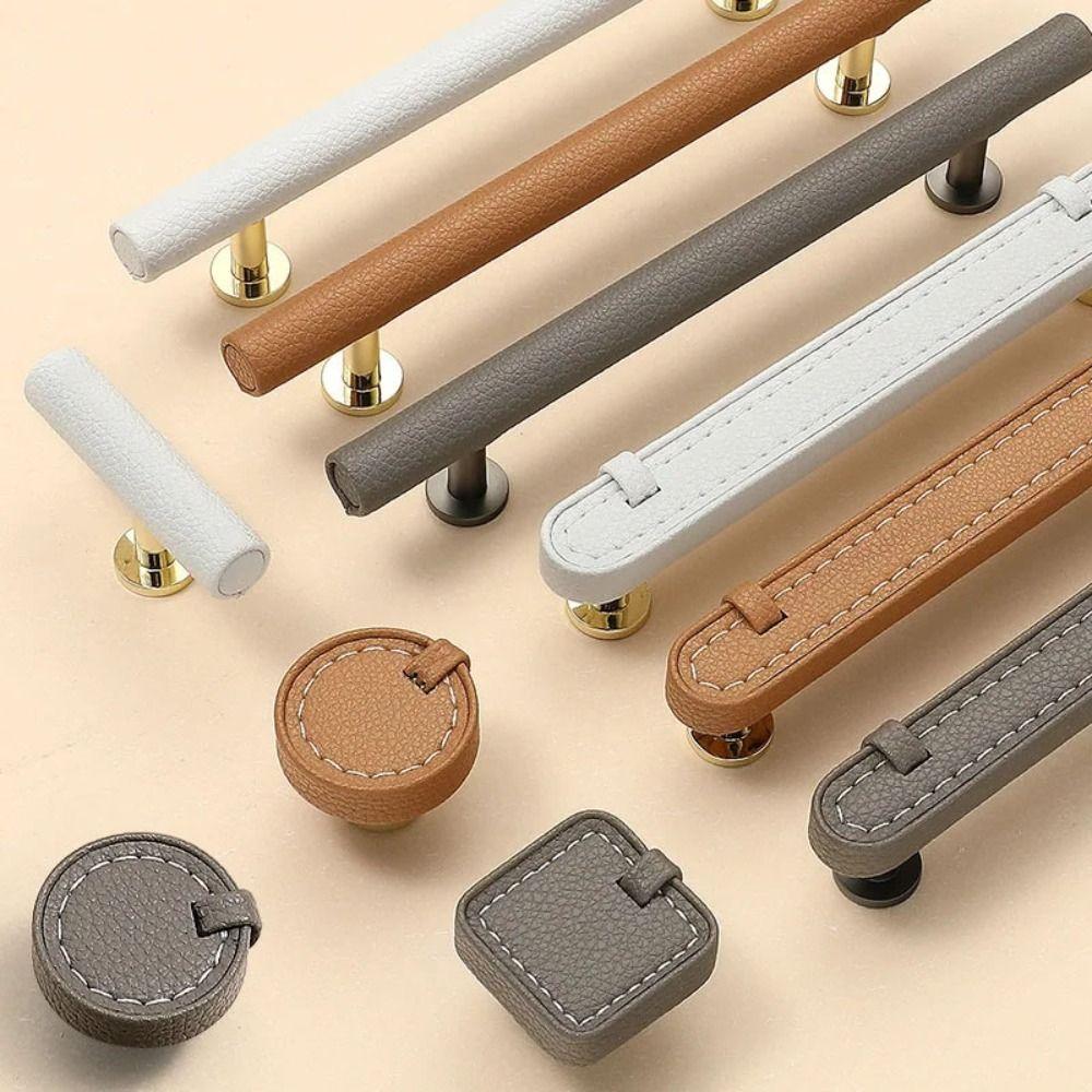 Easy-Grip Design Leather Cabinet Knobs Rust Resistant Dresser Furniture Door Knobs  for Kitchen