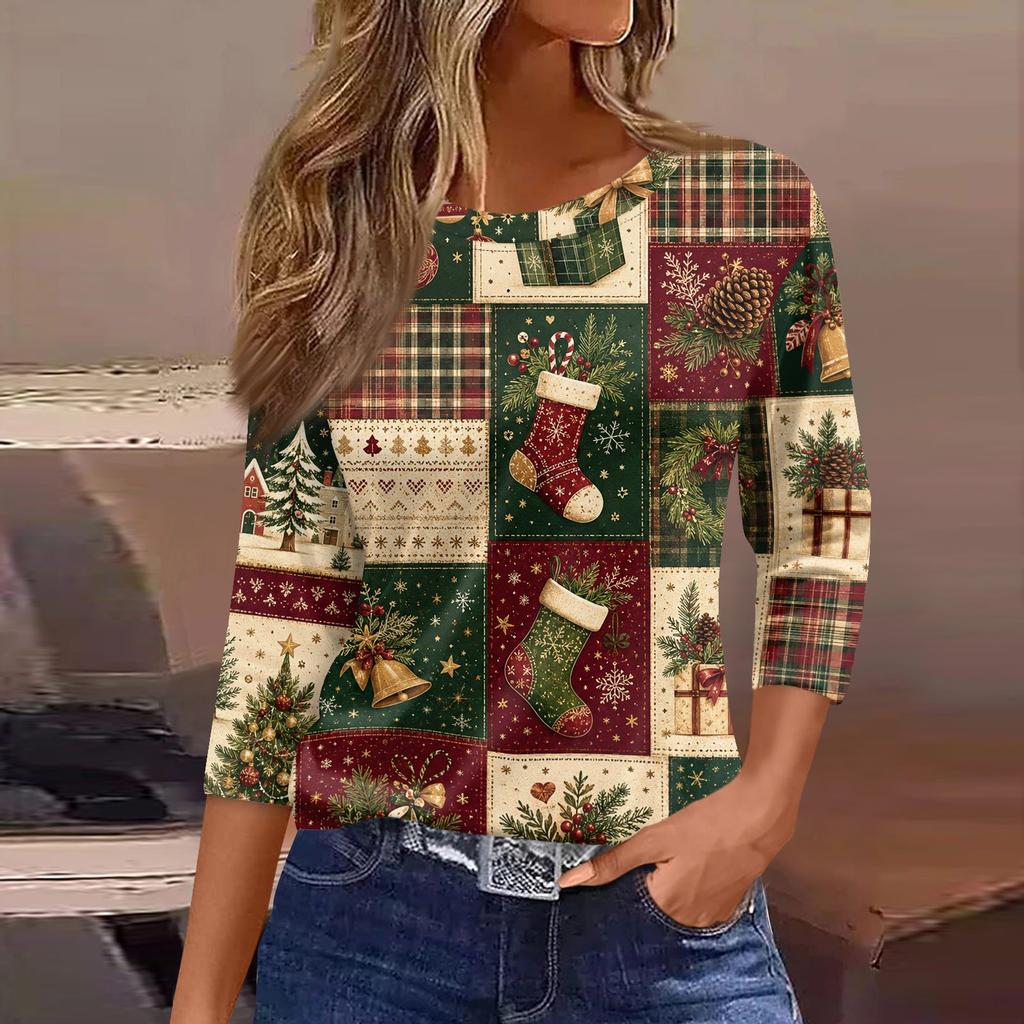 Women's Christmas Print Shirt Casual Retro Three-Quarter Sleeve Loose Fit Round Neck