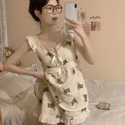 Traje de verano para casa con dibujos de osos, camisas de cuello cuadrado y pantalones cortos para mujer, conjunto de pijamas suaves kawaii con volantes y lazo de encaje, ropa de dormir coreana
