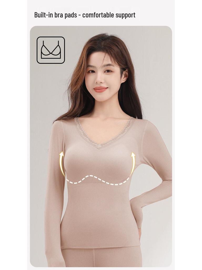 Women’s Cashmere Silk Slimming Underwear Set with Built-In Bra: Warm Cotton-Wool Long Sleeve Top & Bottoms for Autumn/Winter