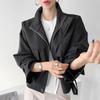 Korean Retro Chic Stand Collar Zipper Jacket with Big Pockets and Long Sleeves