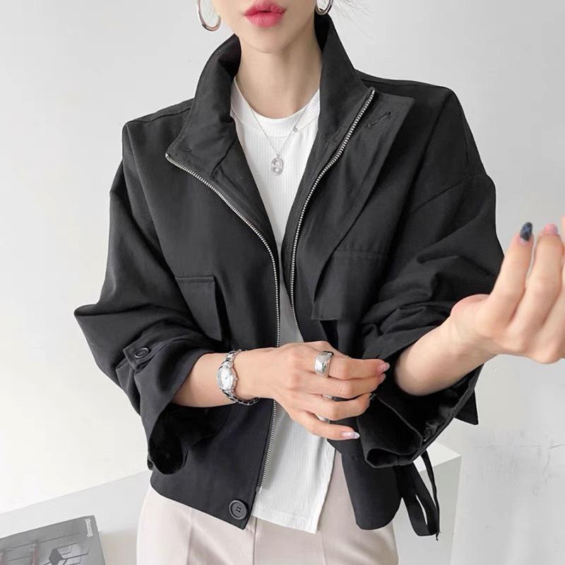 Korean Retro Chic Stand Collar Zipper Jacket with Big Pockets and Long Sleeves