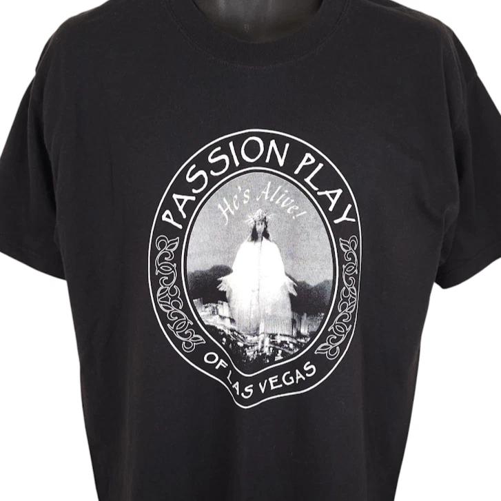 Vintage Passion Play 100% Cotton T-shirt Mens Tees Top Mens Size Large Black 90s Las Vegas Easter XL