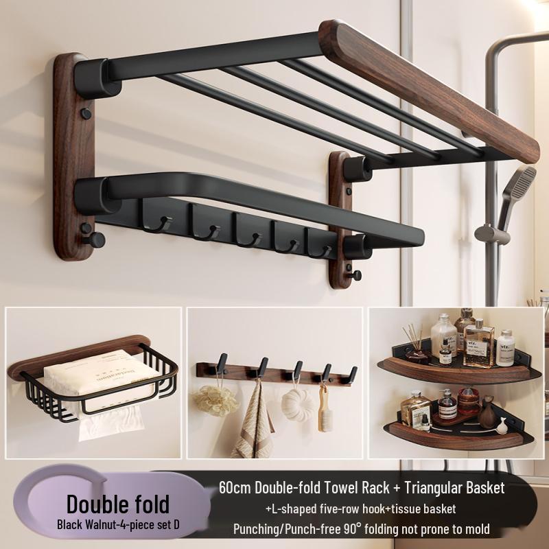 Handun Walnut Wood Foldable Bathroom Towel Rack & Shelf Set