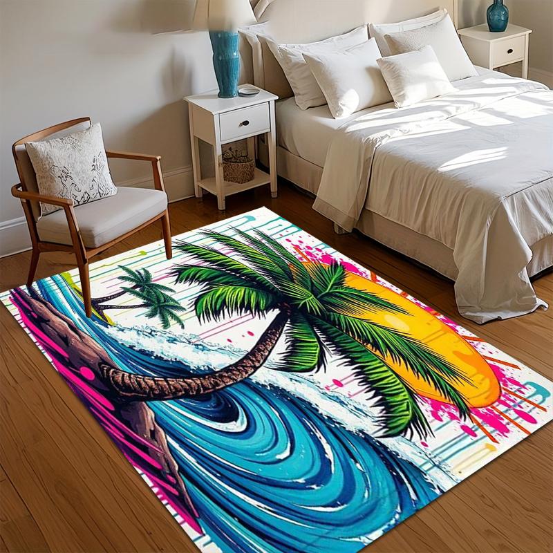 Weicher rutschfester kräftiger tropischer Strand-Teppich mit lebendigem Palmen- und Wellen-Design für Kinderzimmer Schlafzimmer Wohnzimmer Dekoration