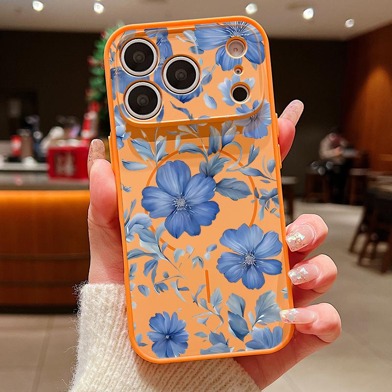 Magnetic For Magsafe Case For iPhone 17 Pro Max Pale Blue Flowers Pattern Skin Feeling Cover For iPhone 16 15 14 13 Pro Max
