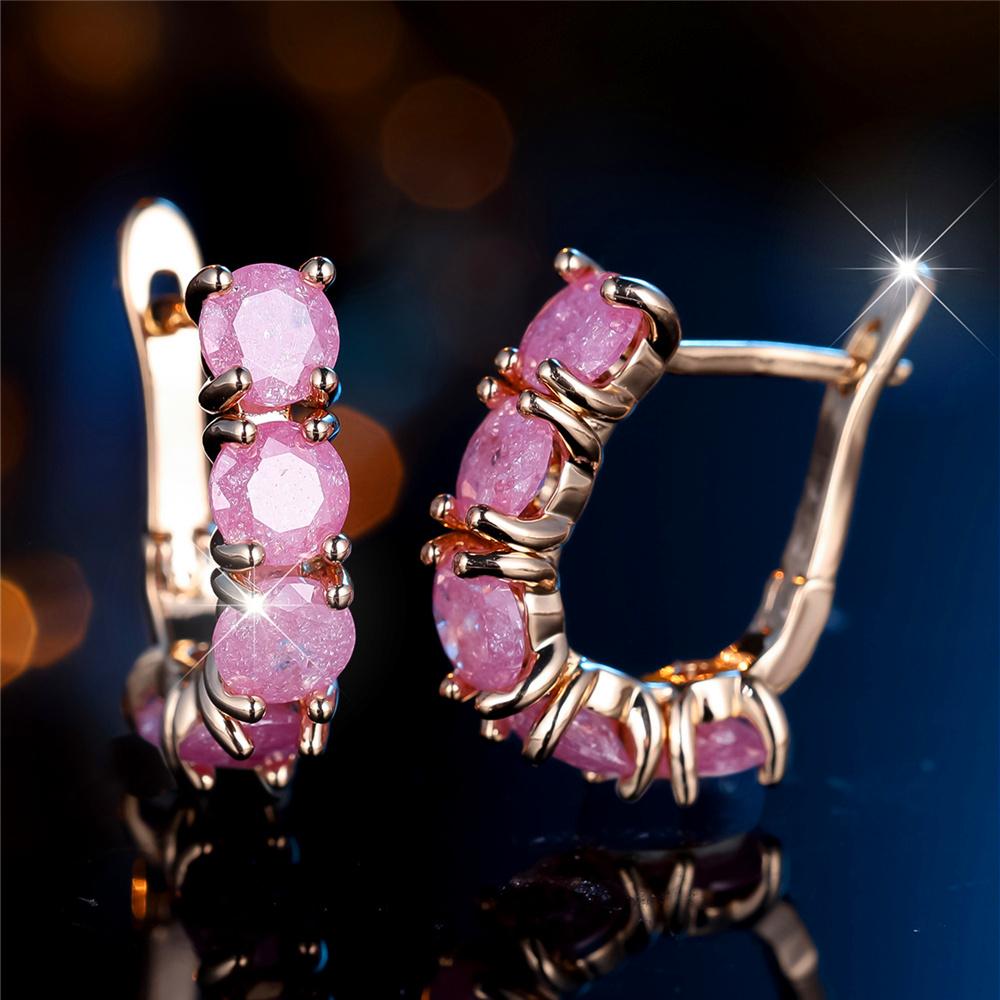 Charm Female Pink Stone Hoop Earrings Gold Color Simple Wedding For Women