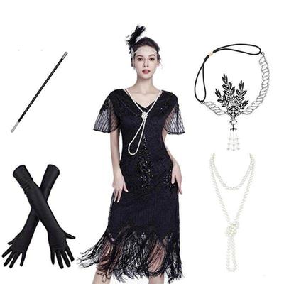 1920S Retro Gatsby Beads Tassel Dress Sequined Cocktail Party Evening Dress Set Delivery