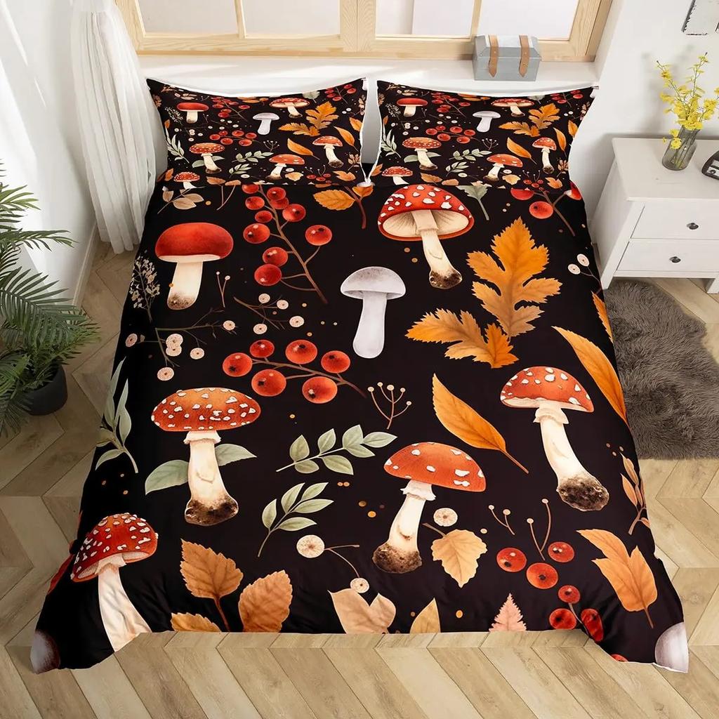 Comforter Cute Mushroom Bedding Set King Queen Size Botanical Comforter Wild Fungus Colorful Plants Leaves