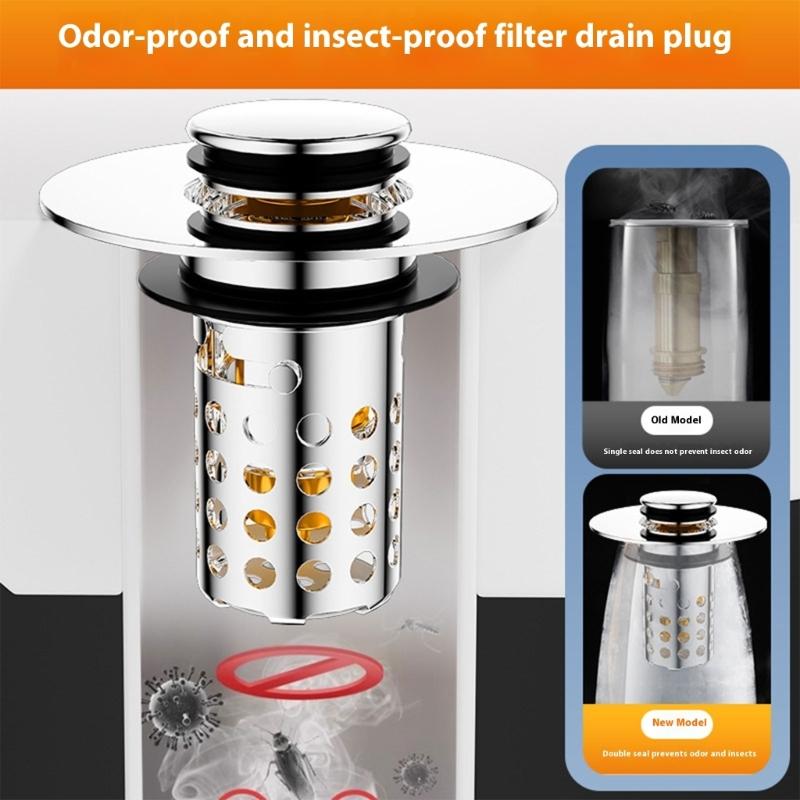 Not Odor Bathroom Sink Drain Filter Push Down Stoppers with Hair Strainer Steel Basin Waste Plugs For Easy Cleaning