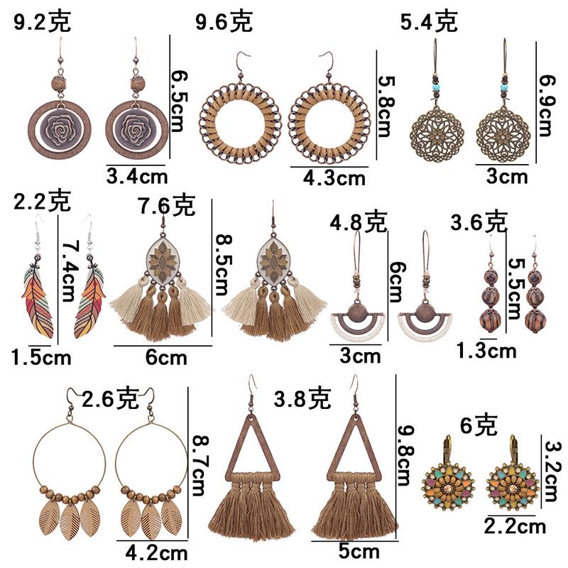 Ethnic Vintage Bohemian Drop Danlge Women's Earrings Bead Wooden Tassel Round Geometric Flower Leaf Long Boho Earrings Zircon