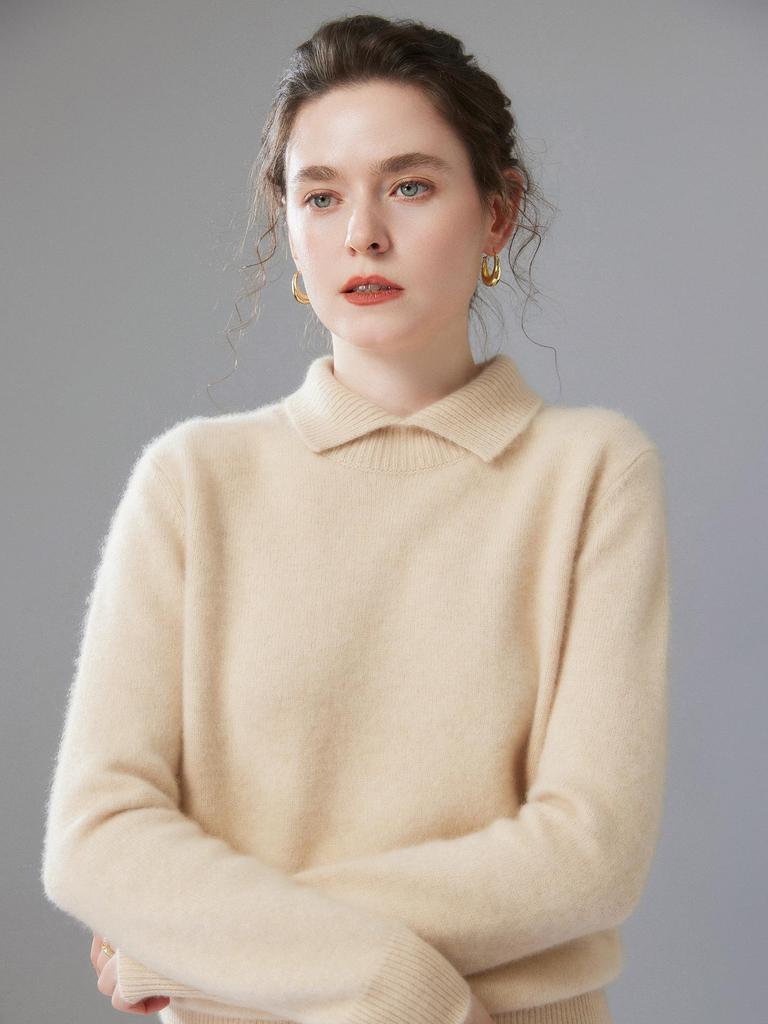 Women's Doll Collar Cashmere Sweater - 2025 Winter Collection: Solid Color, Base Layer, Gentle Style, Loose Fit, Slimming, Warm