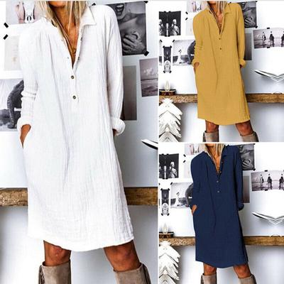 Women Casual Plus Size Cotton Linen Button Turn Down Collar Long Sleeve Dress