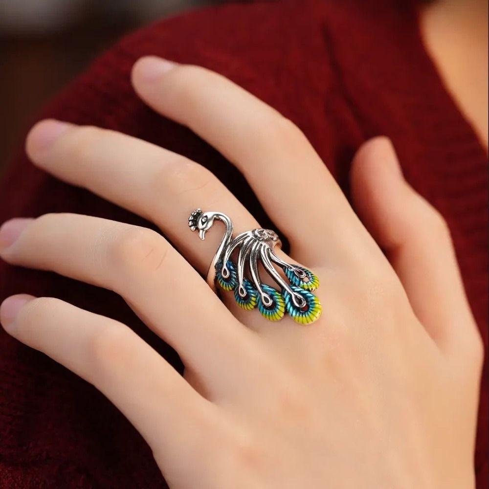 Peacock Open Rings Exaggerated Enamel Retro Ring Fashion Women Finger Rings  Punk