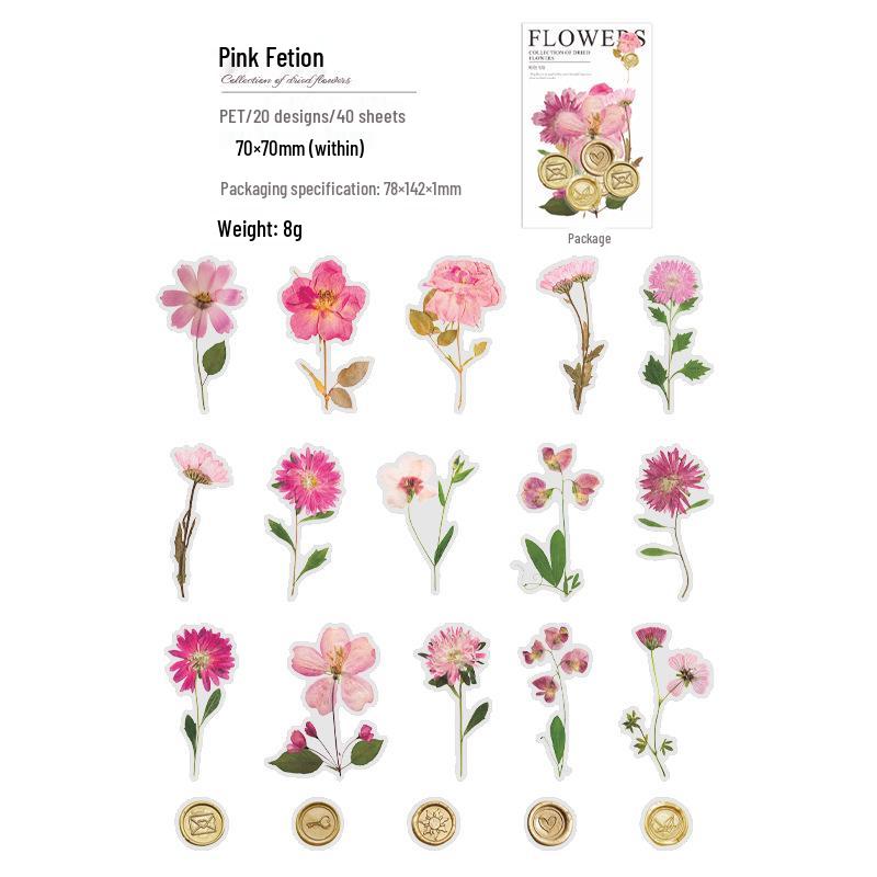 Paquete de Pegatinas para Mascotas de Día Maravilloso: 40 Hojas de Decoraciones para Diario de Flores Secas con Cera de Sellado