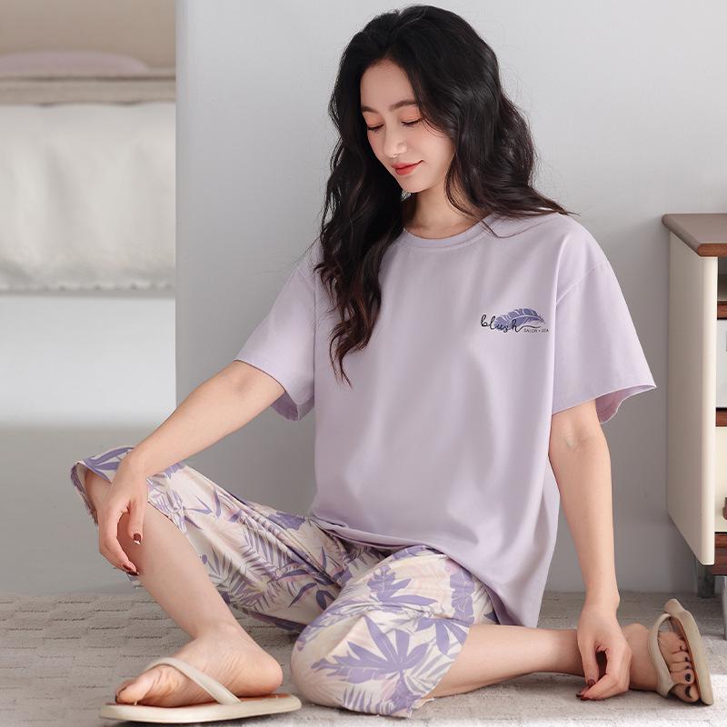 Women's Summer Pajama Set: Thin Modal Cotton Silk, Short Sleeve, Seven-Point Pants, Casual Wear.