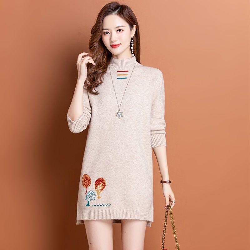 Mid Length Sweater Dress for Women Loose Thick Warm Semi High Neck Knitted Sweater Solid Color Long Sleeved Pullover