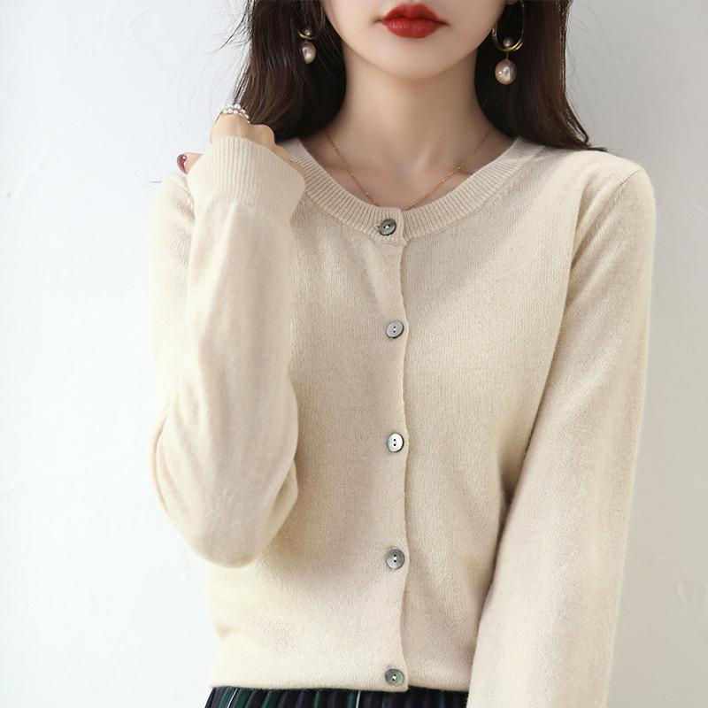 Round Neck Solid Color Knitted Cardigan for Women In Autumn and Winter New Loose Versatile Sweater Jacket High Quality Yarn Long-sleeved Top