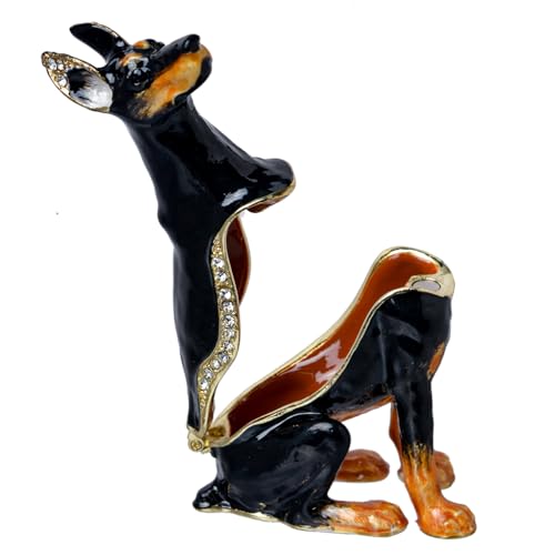 FJ FENGZHIJIE Doberman Dog Figurine Jewelry Box with Hand-Painted Details and Hinged Lid, Golden Crystal Enamel, Animal Keepsake, Special Occasion Gif