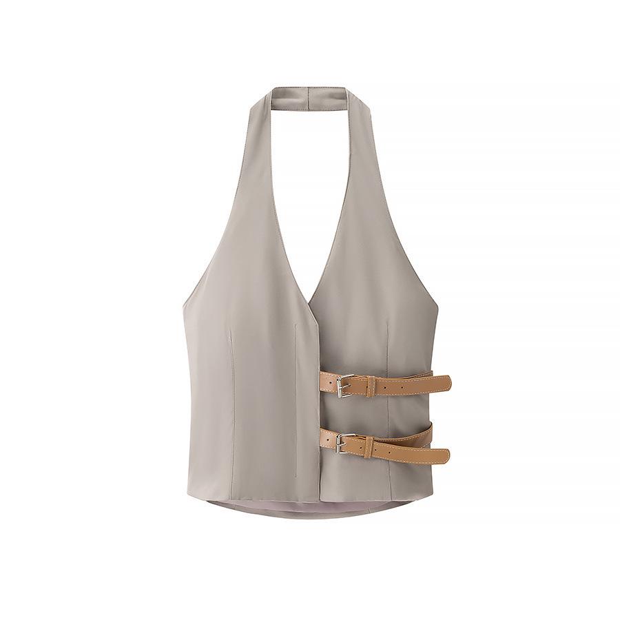 

European & American Women s Fashion Belted Halter Vest Extra Small
