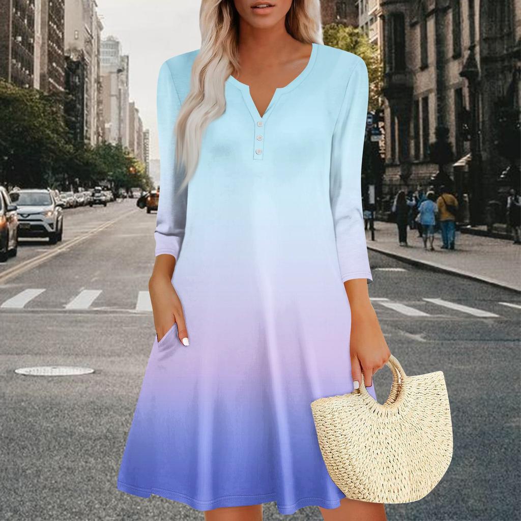 Women's Summer Dress Loose V Neck Three-quarter Sleeve Sundress With Pockets Dress