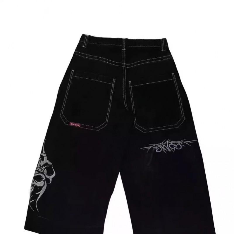 Mens Relaxed Straight Fit Denim Jeans With Gothic Hip Hop Embroidery Mid-Rise Slightly Stretchy Cotton Blend