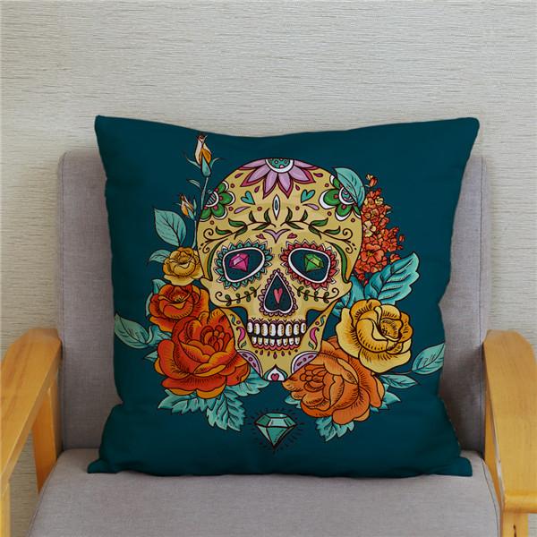Skeleton Head Flower Print Pattern Cushion Cover for Home Living Room Sofa Decoration Square Pillowcase 45 * 45cm