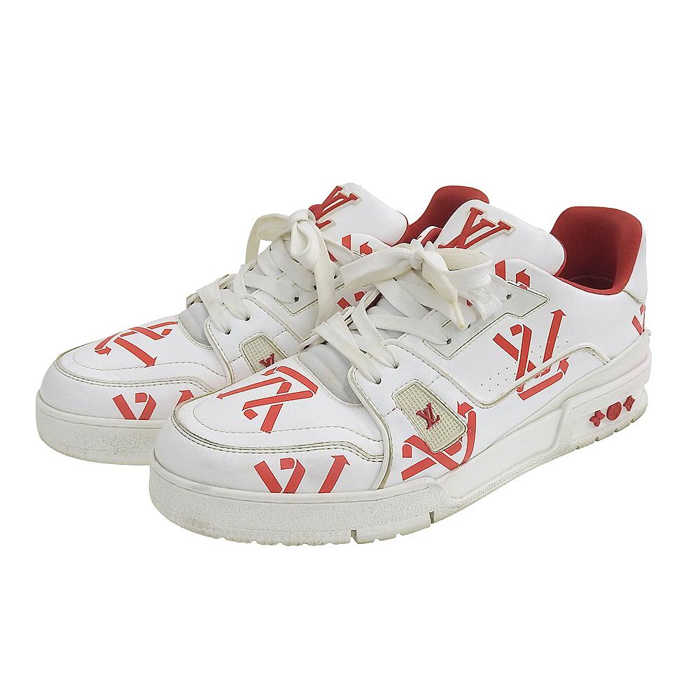 Louis Vuitton LV Trainer Line Sneakers, Leather Shoes, Men's, White X Red, Size 8 1/2, 1AAGYI, Made In 2022 Shoes 8.5 White / redUsed