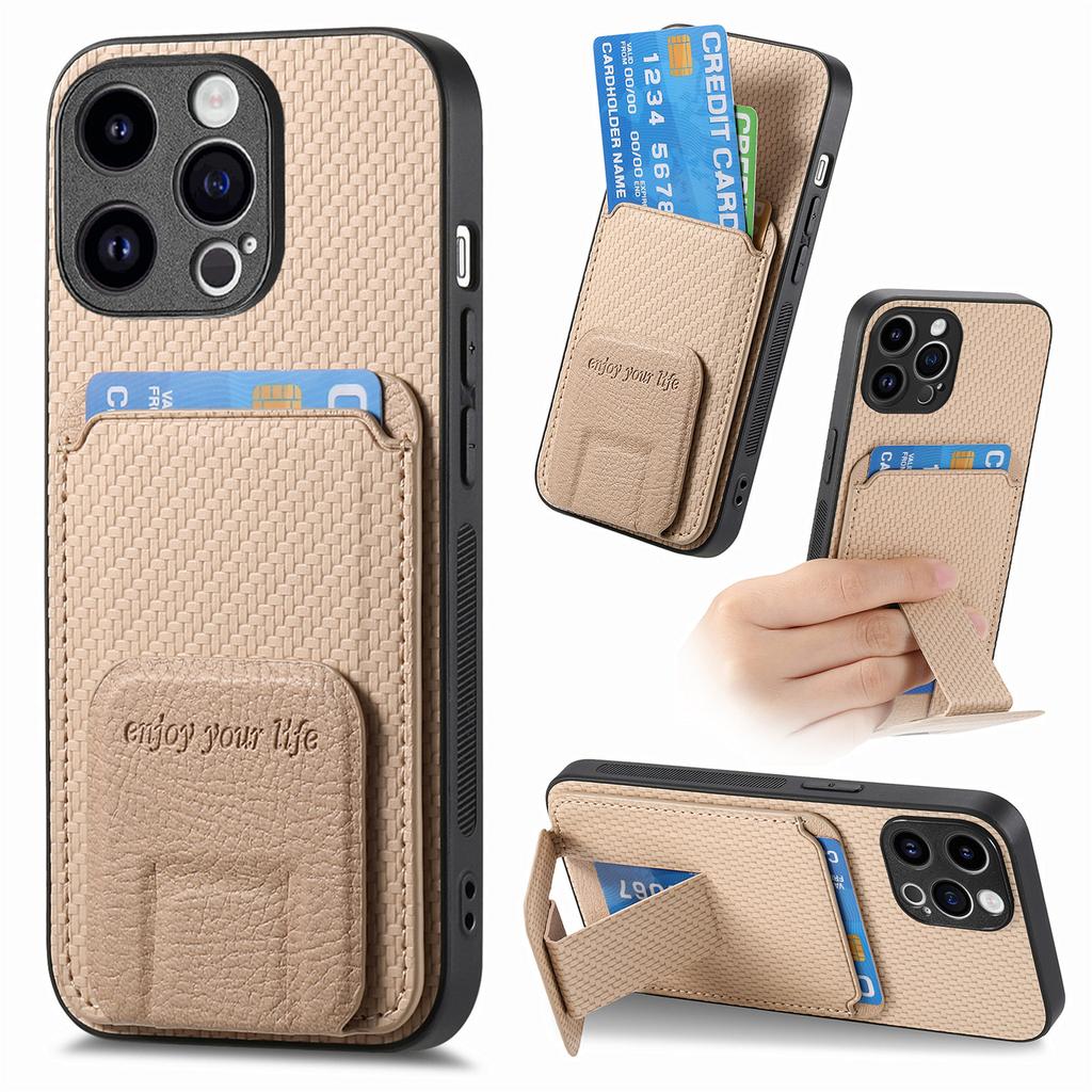Foldable Bracket Carbon Fibre Vertical Cards Bag Case for iPhone 15 Pro Max 14 Plus 13 12 Mini 11 X XS 7 8 SE 2022 Pocket Cover