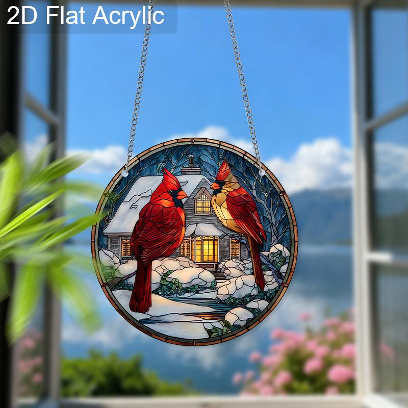 Acrylic Winter Cardinals with Snowy Cabin Suncatcher, Stained Glass Effect Window Hanging Ornament for Christmas & Nature Lover Gifts