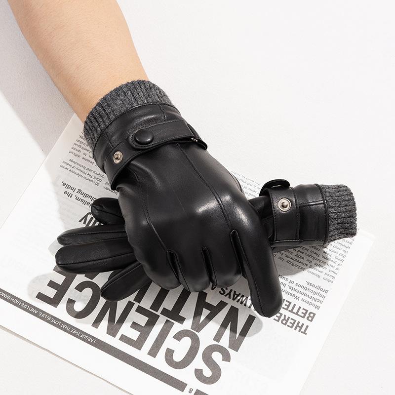 Men's Genuine Leather Gloves with A Top Layer of Sheepskin for Warmth Touch Screen for Cycling Fleece and Thickened  Autumn and Winter
