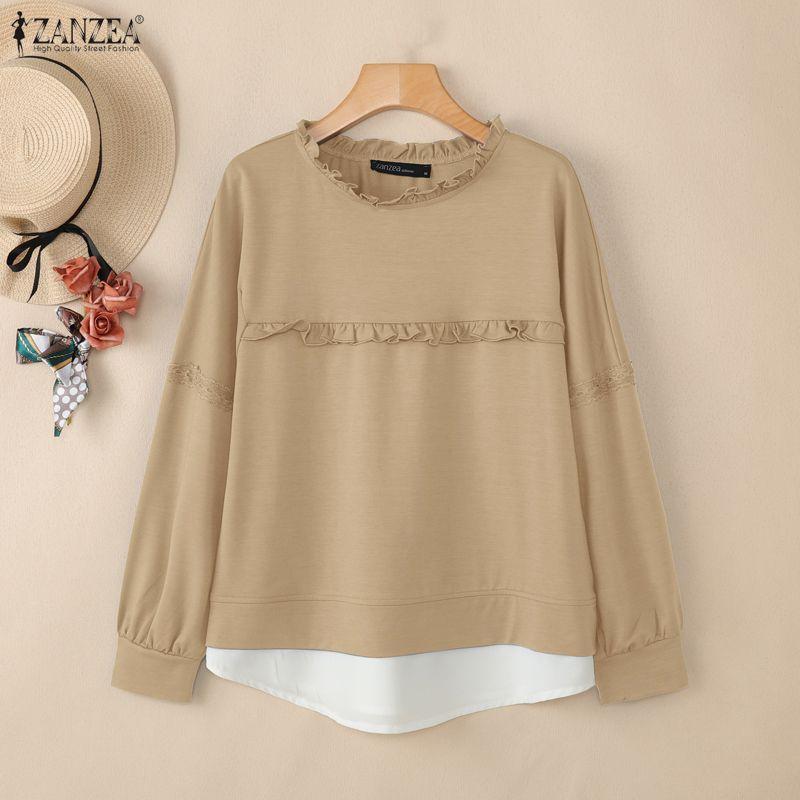 ZANZEA Women Casual Round Neck Solid Color Loose Spring Long Sleeve Tee Tops