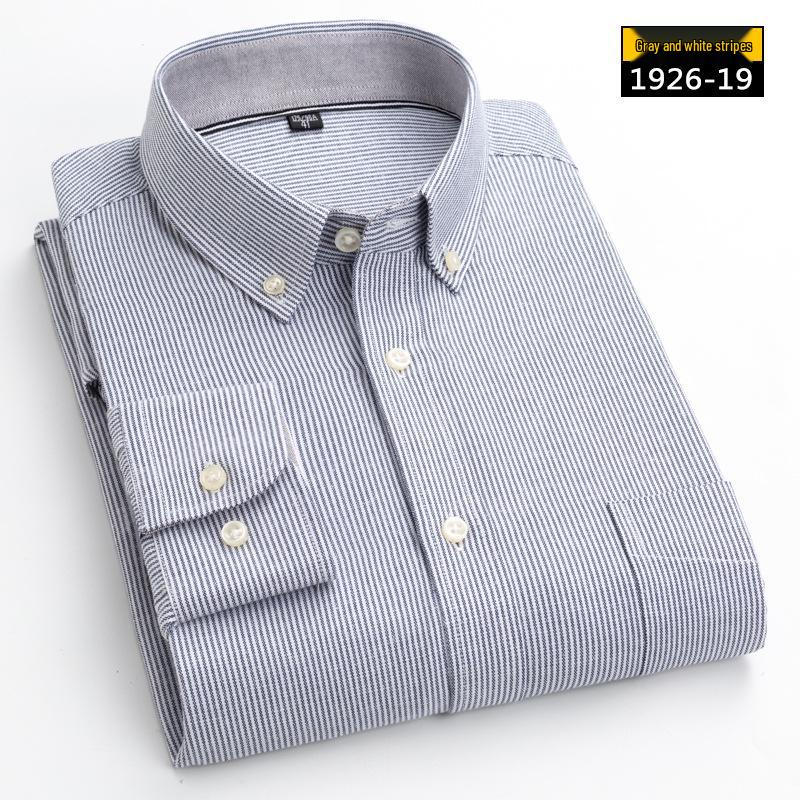 Men's Long Sleeve Washed Cotton Oxford Shirt - Slim Fit, Plaid, Iron-Free Stripes, Casual Style
