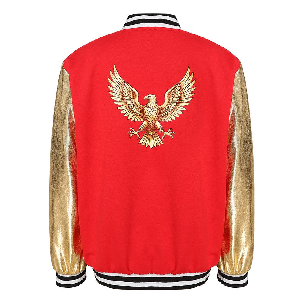 Unisex Metallic Eagle Print Back Bomber Jacket Long Sleeve Color Blocking Outerwear for Kids Dance Street Style