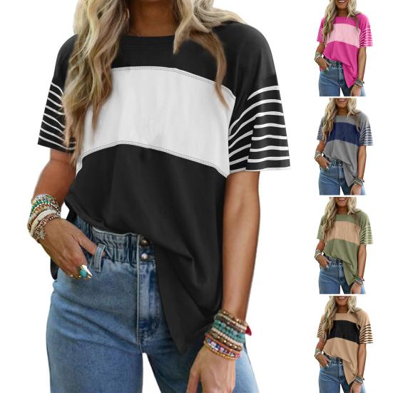 Women T-shirt Round Neck Short Sleeve Color Block Tee Shirt Loose Fit