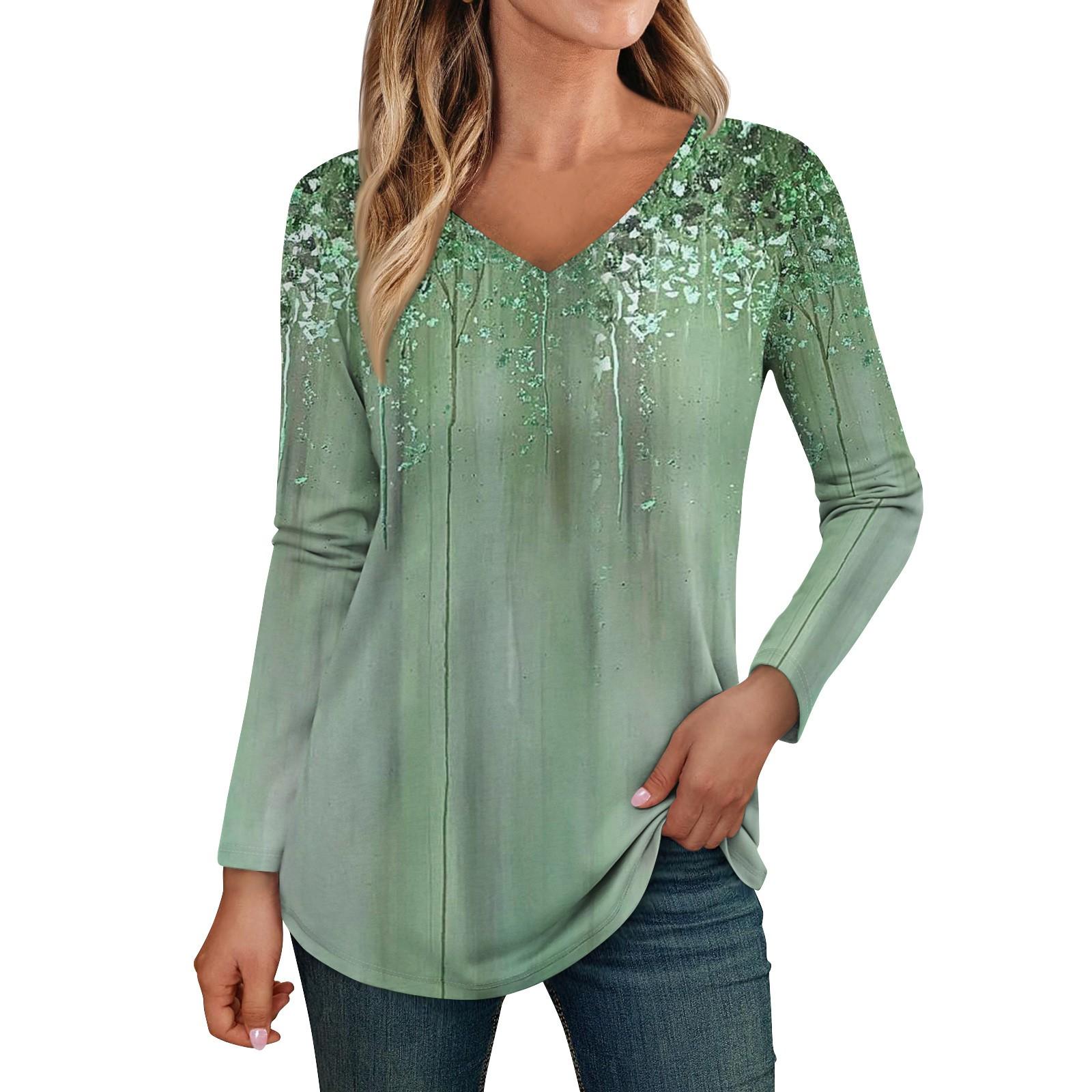 

Женские топы с длинными рукавами, рубашки с v-образным вырезом, повседневные модные футболки с цветочным принтом, блузки, осенние наряды-туники, приталенные футболки M зелёный