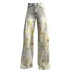 Wide Leg Flare Jeans for Women with Pockets Baggy Pants Vintage Floral Print High Waisted Loose Pant